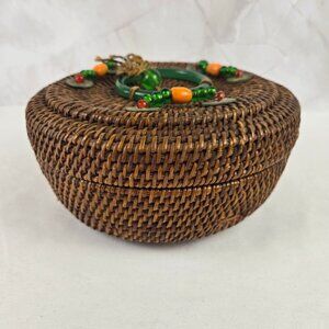 Vintage Chinese Sewing Basket Brown Handmade Round Wicker Glass Bead Accents